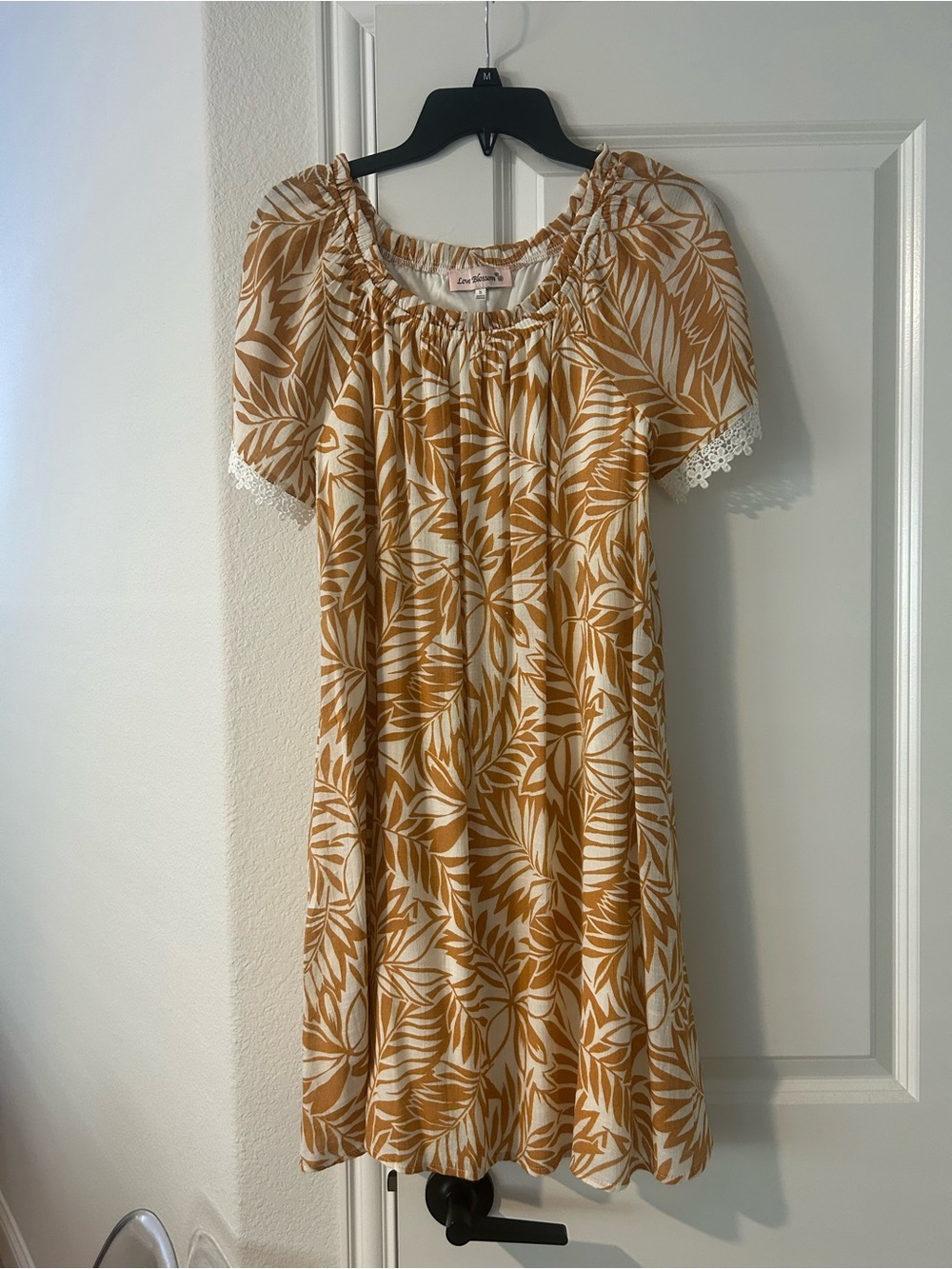 Ladies Lace-Trim Mustard Leaf Print Dress